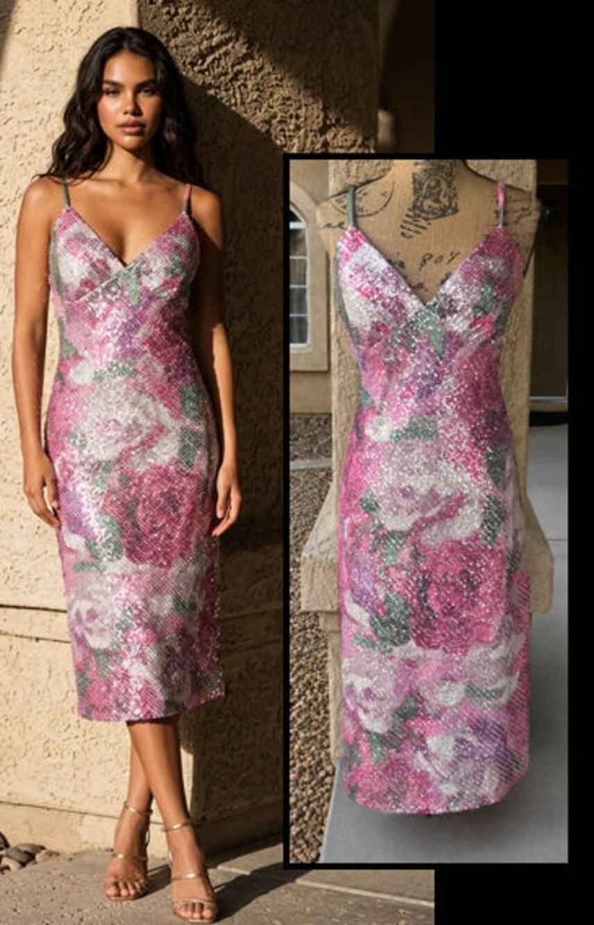 Morgan & Co Spaghetti Straps Printed Bedazzle Sequins Midi Dress 11
